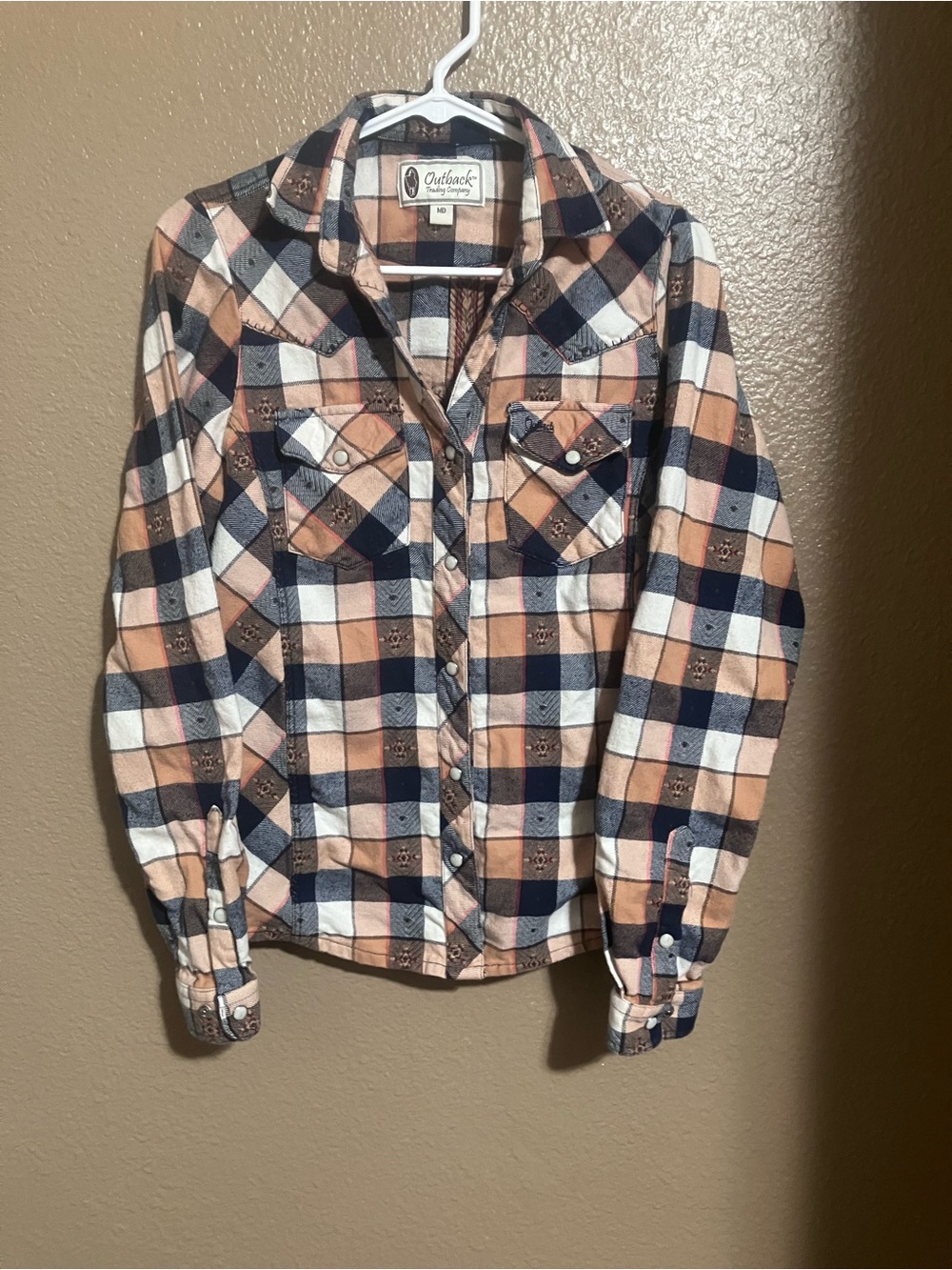 Outback Trading Company Plaid Flannel Shirt - Peach & Navy